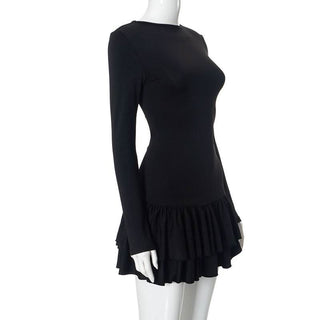 Ruched long sleeve crewneck solid mini dress