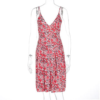 V neck flower print pleated cami mini dress
