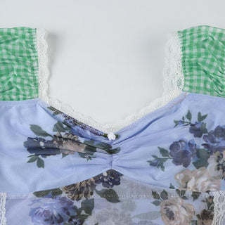 Cap shoulder lace hem contrast top