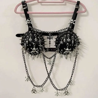 Metal chain rivet skull applique buckle cami top