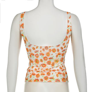 U neck flower print backless cami top