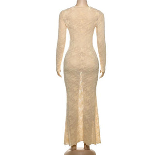 Long sleeve lace crewneck maxi dress