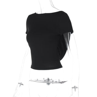 Short sleeve round neck solid backless top
