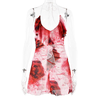 Halter ruffle rose print ruched backless cami mini dress