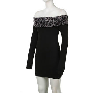 Off shoulder long sleeve leopard print mini dress