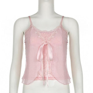 Lace patchwork ruffle ribbon mesh knotted cami top