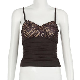Ruffle v neck print patchwork ruched cami top