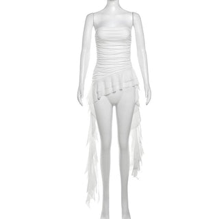 Ruffle mesh ruched irregular solid tube top