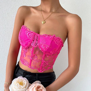 Rose mesh solid button bustier tube top