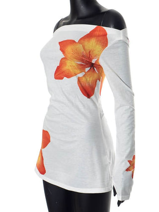 Long sleeve gloves flower print mesh off shoulder top