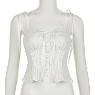 Ruched lace hem button bowknot ribbon cami top