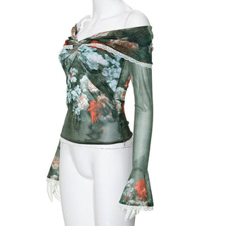 Long flared sleeve off shoulder sheer mesh print lace top