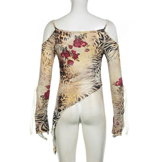 Long sleeve off shoulder irregular print cami top