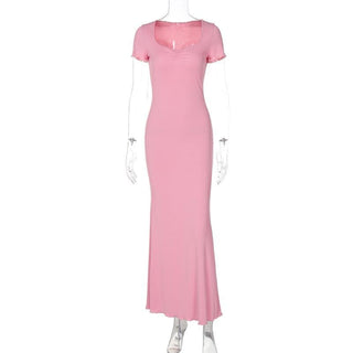 Short sleeve heart neck ruched ribbed solid maxi dress