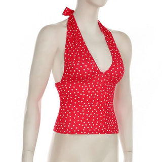 V neck halter polka dot print backless top