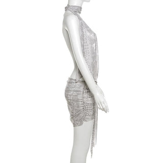 Snakeskin print halter sheer mesh irregular ruched mini dress