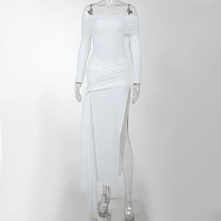 Cross front solid long sleeve off shoulder slit self tie maxi dress-final-sale