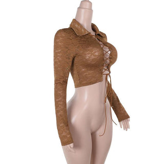 Turnover collar long sleeve lace up lace crop top