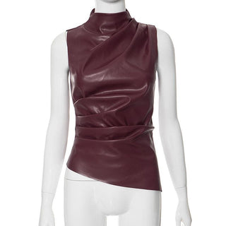 High neck zip-up PU leather irregular ruched top
