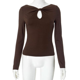 Knotted hollow out long sleeve v neck ruched cut out top