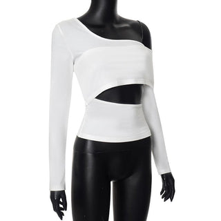 Long sleeve one shoulder hollow out solid irregular backless cut out top