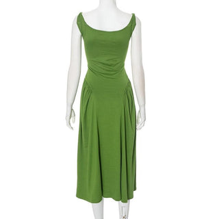 Ruched u neck beaded solid cami midi dress