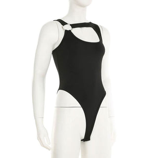Hollow out o ring button irregular solid bodysuit