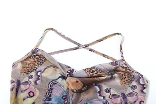 Cross back cowl neck print sheer mesh top