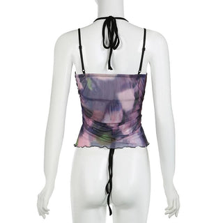 Halter tie dye mesh ruched 2 piece top