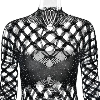 Long sleeve hollow beaded fishnet romper