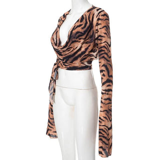 Slit long flared sleeve self tie tiger print cowl neck top