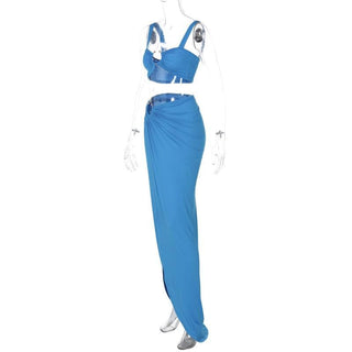 O ring ruched crop high slit cami maxi skirt set