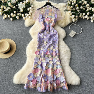 Crewneck short sleeve flower embroidery zip-up maxi dress