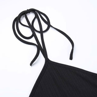 Halter self tie hollow out textured backless cut out midi dress