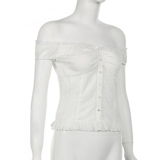 Off shoulder ruched button ruffle top