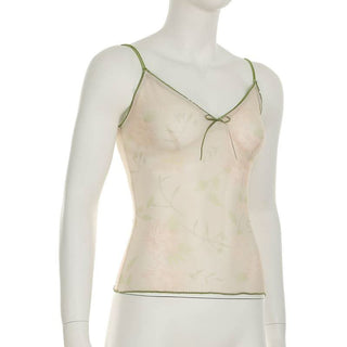 V neck flower print bowknot mesh cami top