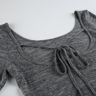 Long sleeve u neck self tie solid top