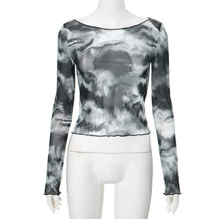 Long sleeve sheer mesh tie dye top