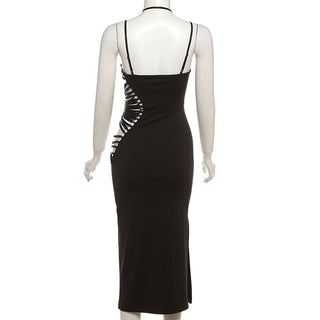 Irregular hollow out halter o ring cami slit cut out midi dress