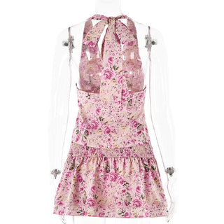 Halter smocked button flower print mini skirt set