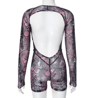 Long sleeve sheer mesh snakeskin print stitch romper