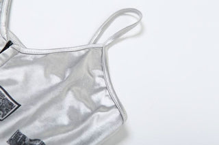 U neck button high slit lace hem patchwork cami top