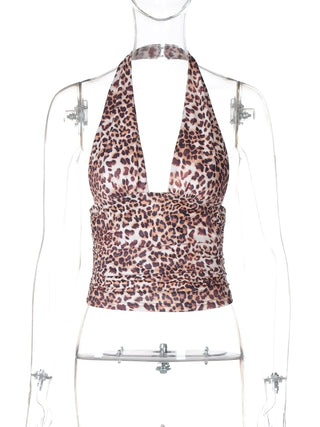 Leopard print halter backless crop top