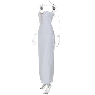 Sweetheart neck shell metal tag button hollow out tube cut out maxi dress
