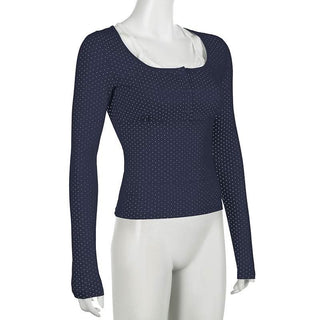 Polka dot long sleeve button lace hem patchwork top