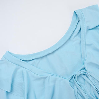 Long flared sleeve ruffle self tie mini dress