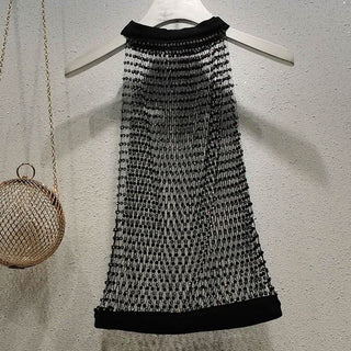 Crewneck hollow out see through beaded button cut out top