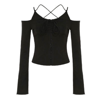 Off shoulder long sleeve self cross back button top