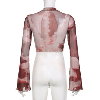 Sheer mesh see through long sleeve tie dye ruffle self tie crop top