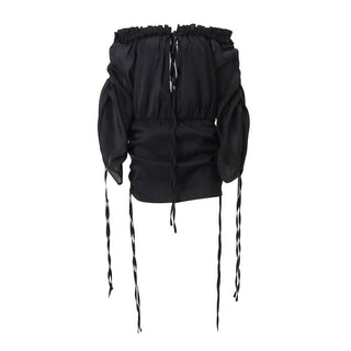 Off shoulder long sleeve ruffle self tie hollow out cut out mini dress